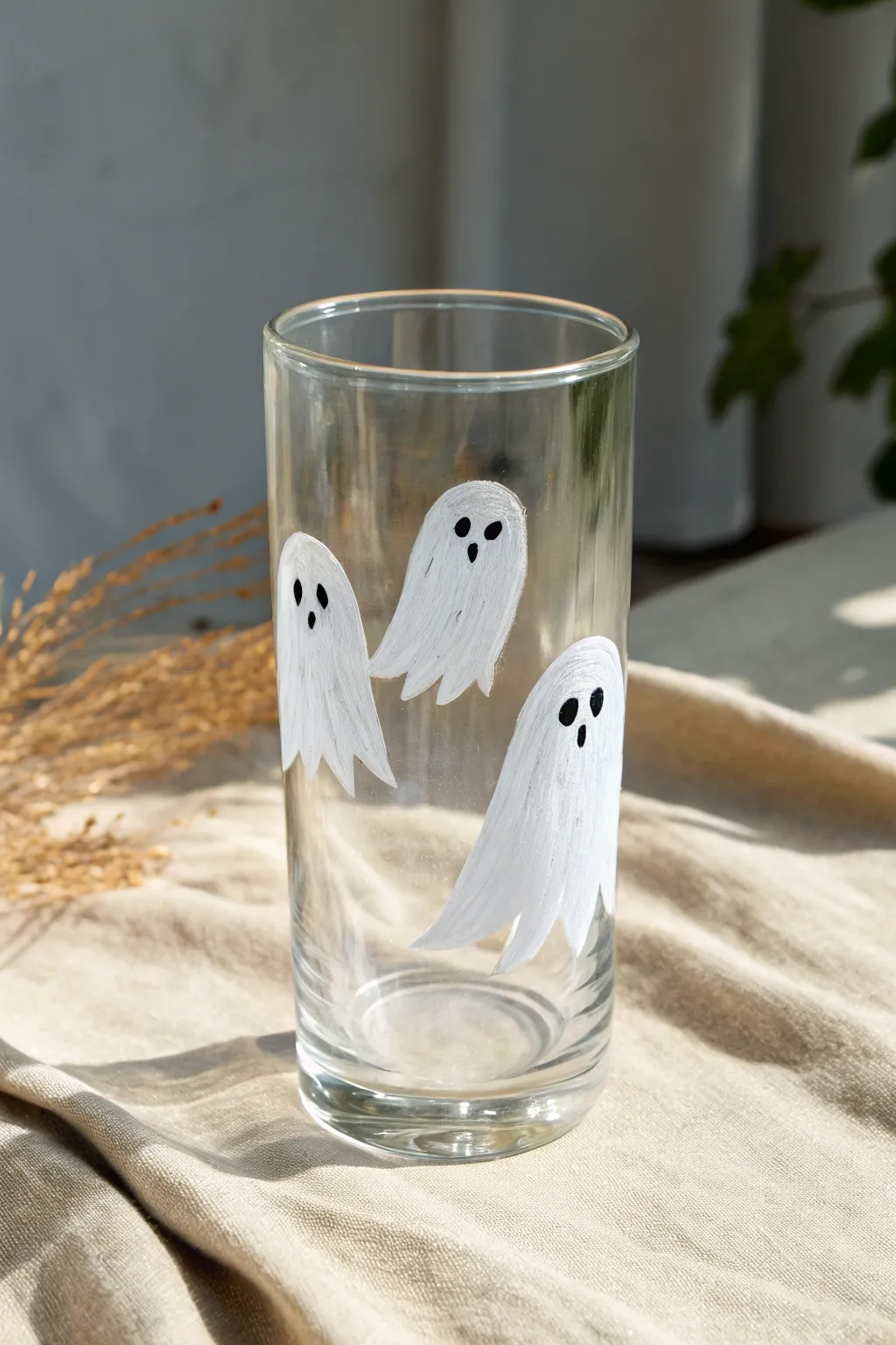 Airy floating ghosts on clear glass, minimalist Halloween charm with soft handcrafted detail
