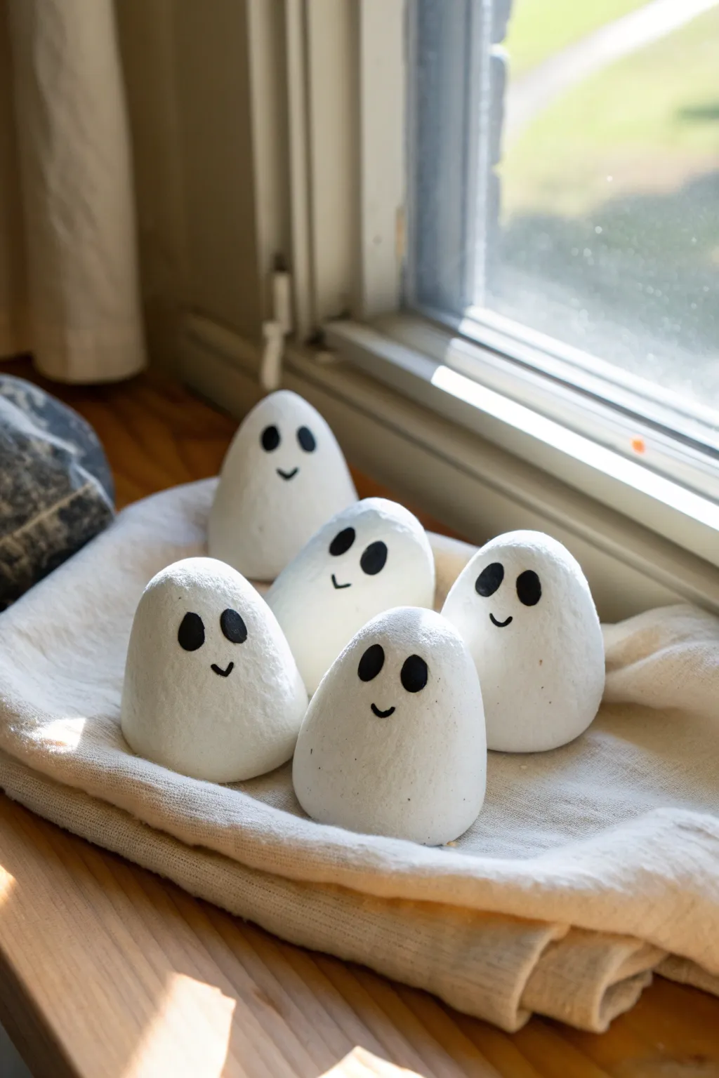 Sweet little ghost rocks in soft light, minimalist boho Halloween craft with cozy contrast