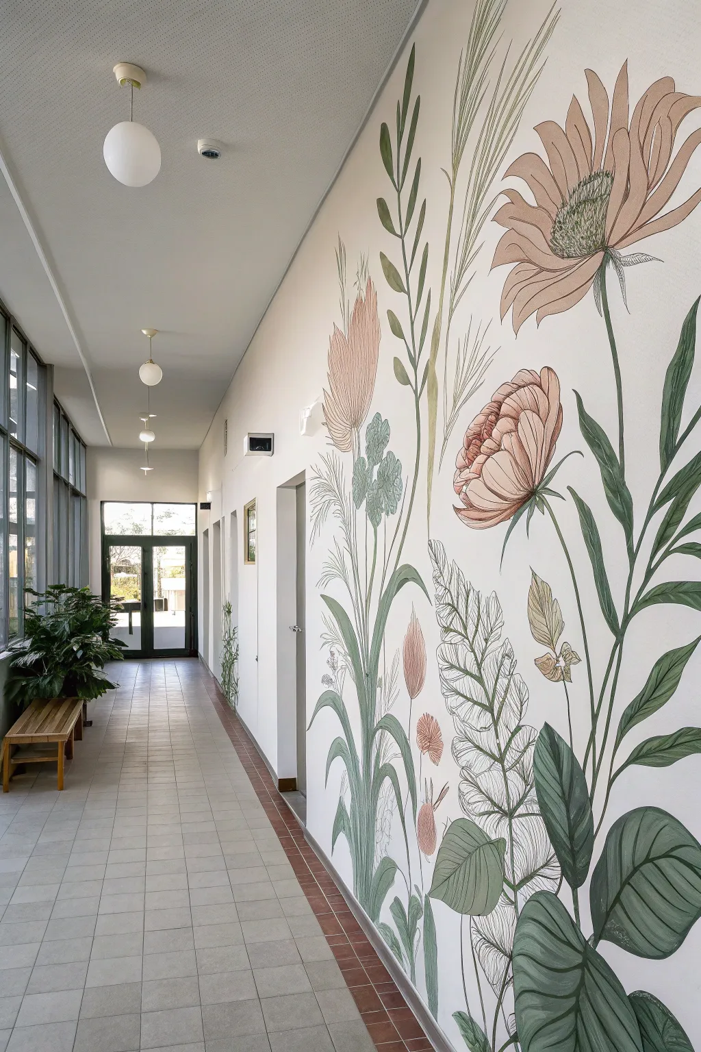 Oversized botanical mural brings an airy wall garden vibe to a calm, minimalist hallway.
