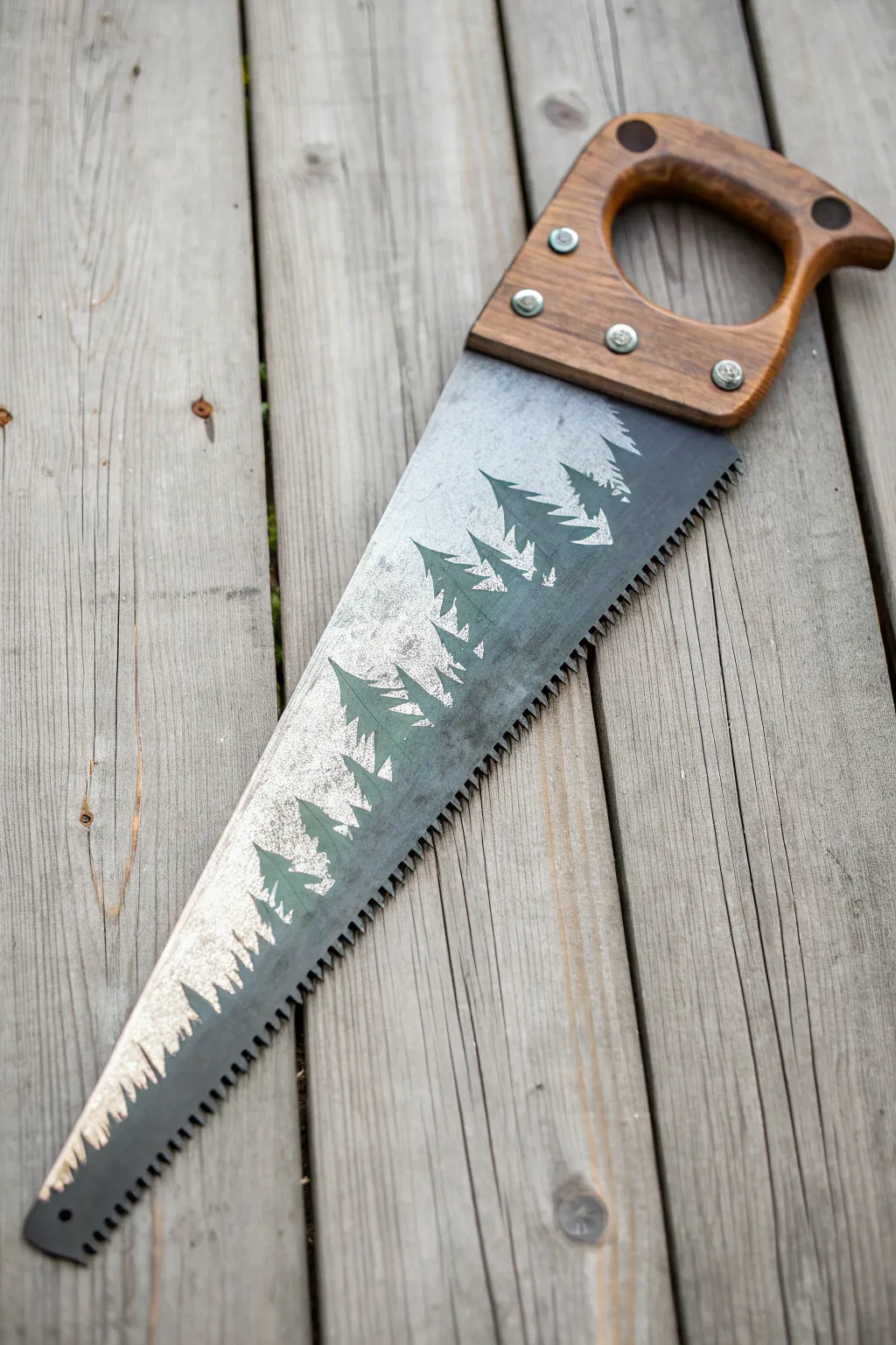 Minimal pine forest horizon painted on a hand saw, crisp linework with misty depth