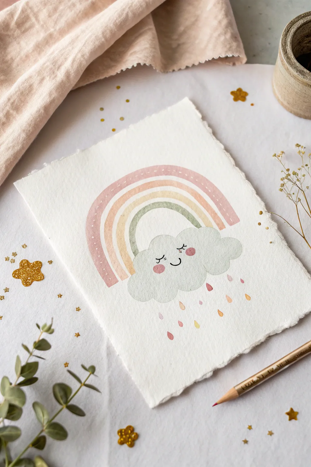 A sweet rainbow and smiling cloud illustration to spark calm, cozy happiness drawing ideas.