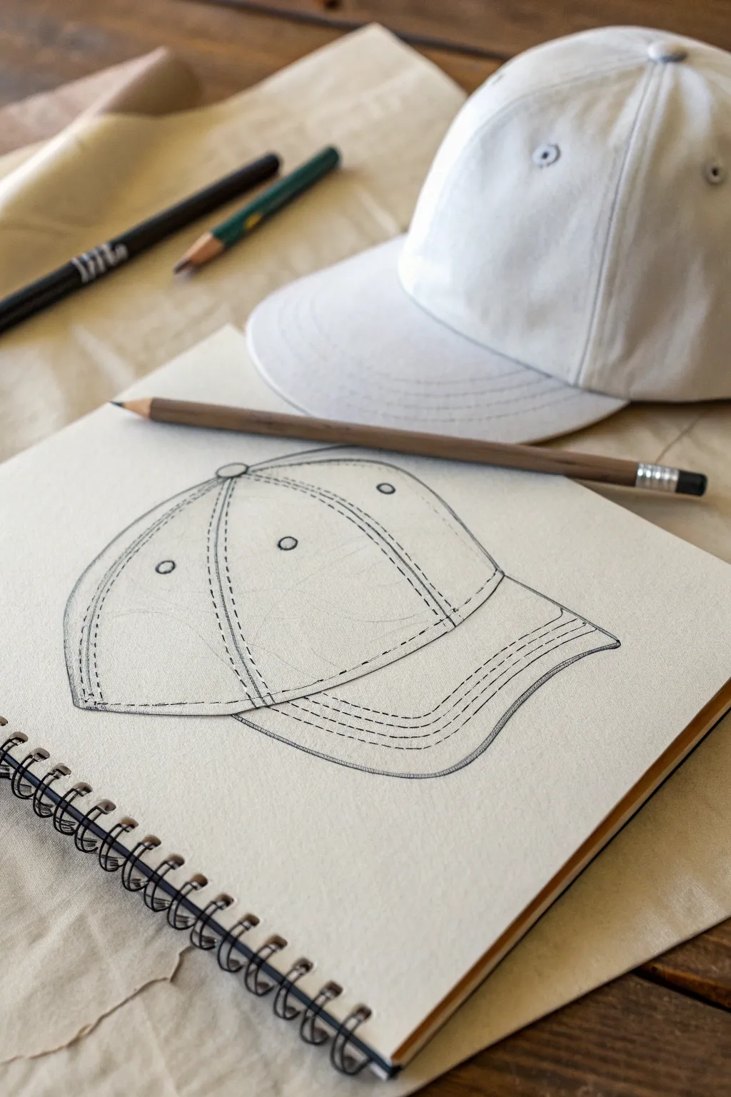Master bill perspective with a clean 3/4 baseball cap sketch, with panel stitches and top button.