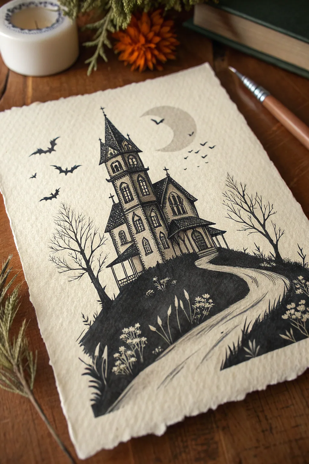 Gothic mansion on a lonely hill, drawn in crisp ink and soft wash for spooky minimalist vibes