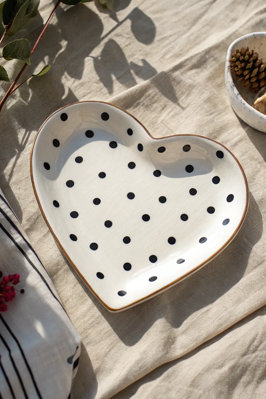 Crisp black polka dots on a white heart plate, clean rim detail and minimalist contrast.