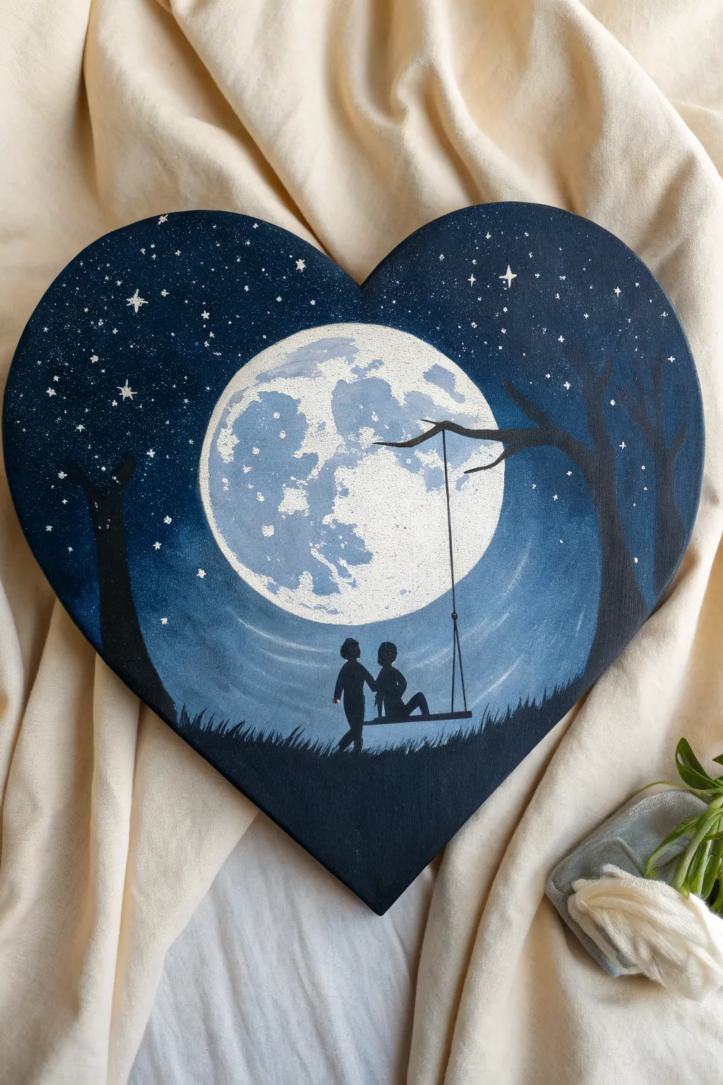 Easy heart canvas idea: a glowing moon and simple silhouette against a deep indigo night sky