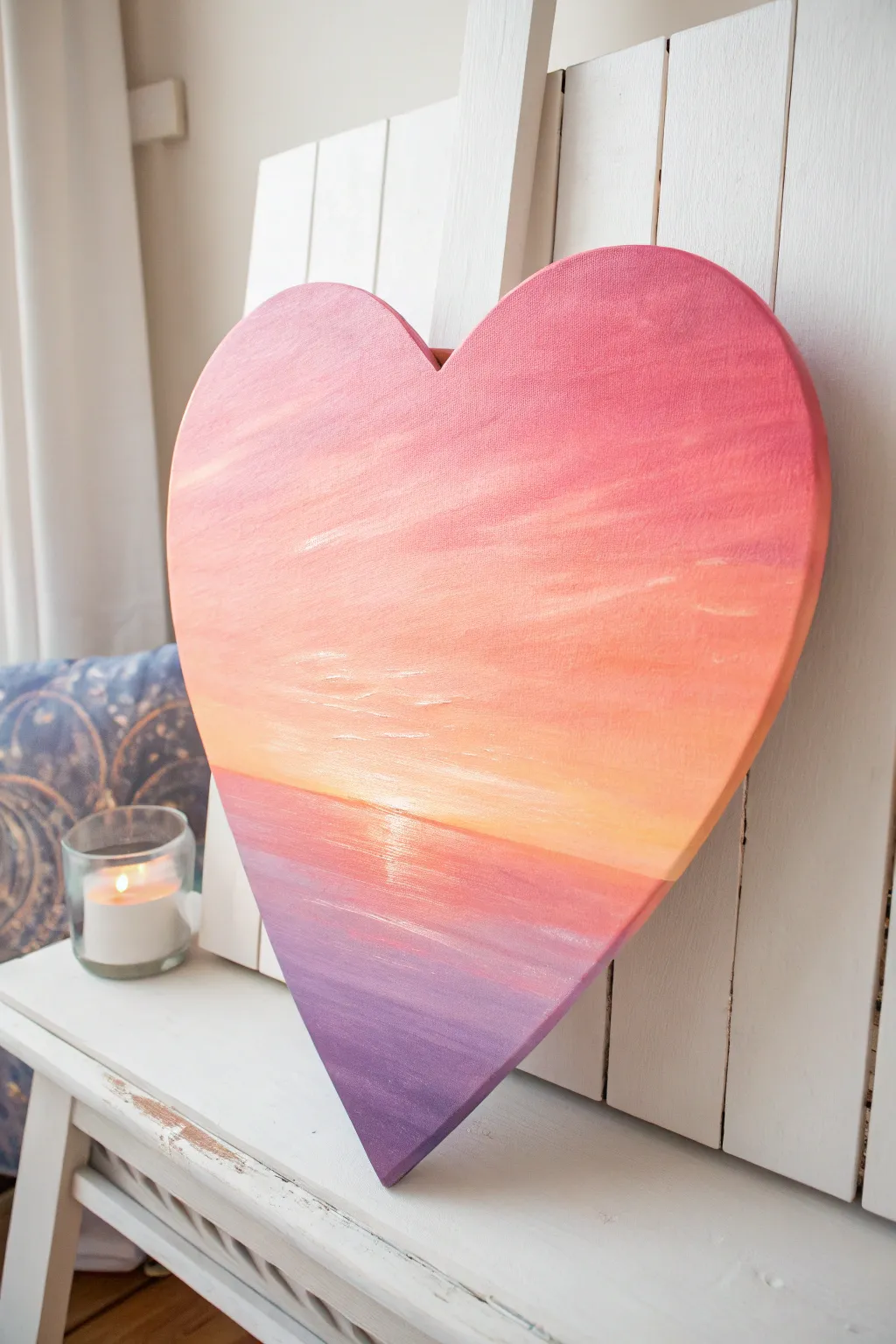Soft ombre sunset on a heart canvas, pink to peach to lavender glow for dreamy minimal decor.