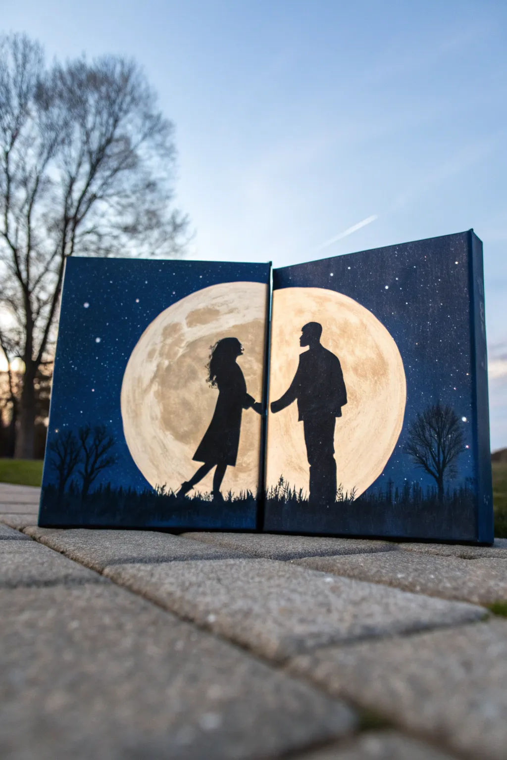 Moonlit diptych: minimalist couple silhouette, glowing moon and tiny stars linking both canvases