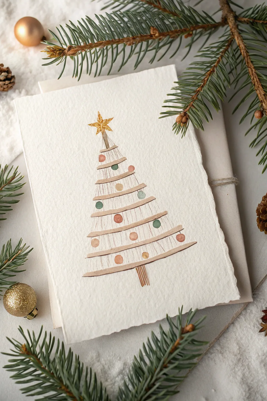 Layered Christmas tree drawing in minimalist Scandinavian style with cozy boho details