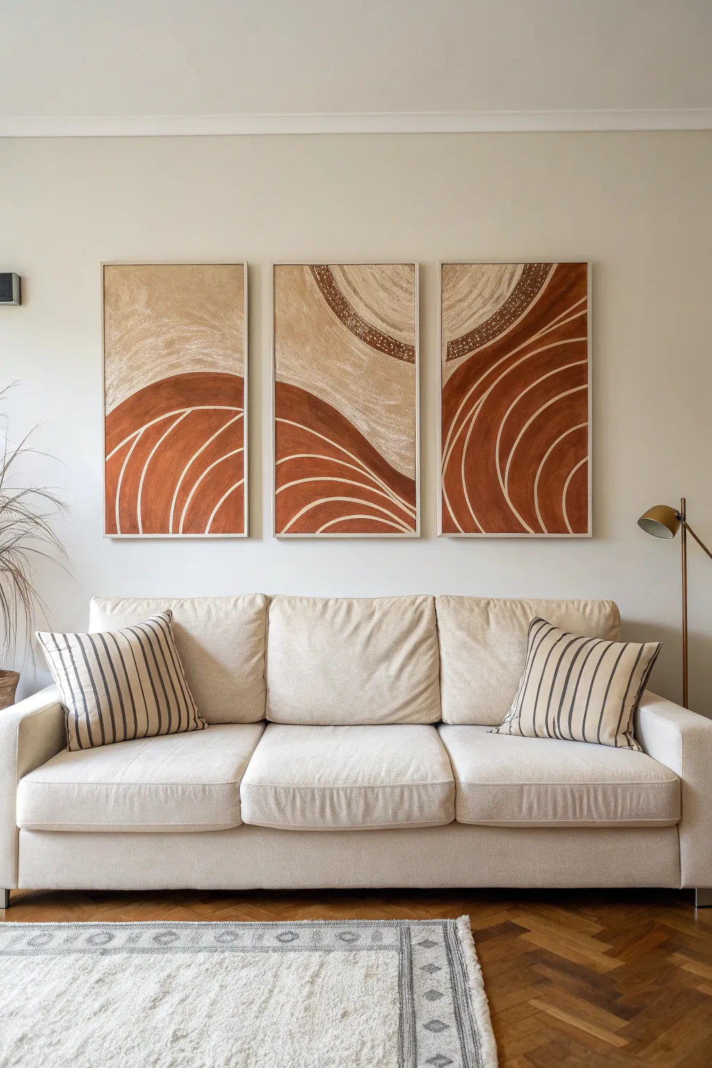 Minimalist boho triptych painting idea, perfectly centered above the sofa in warm neutral tones
