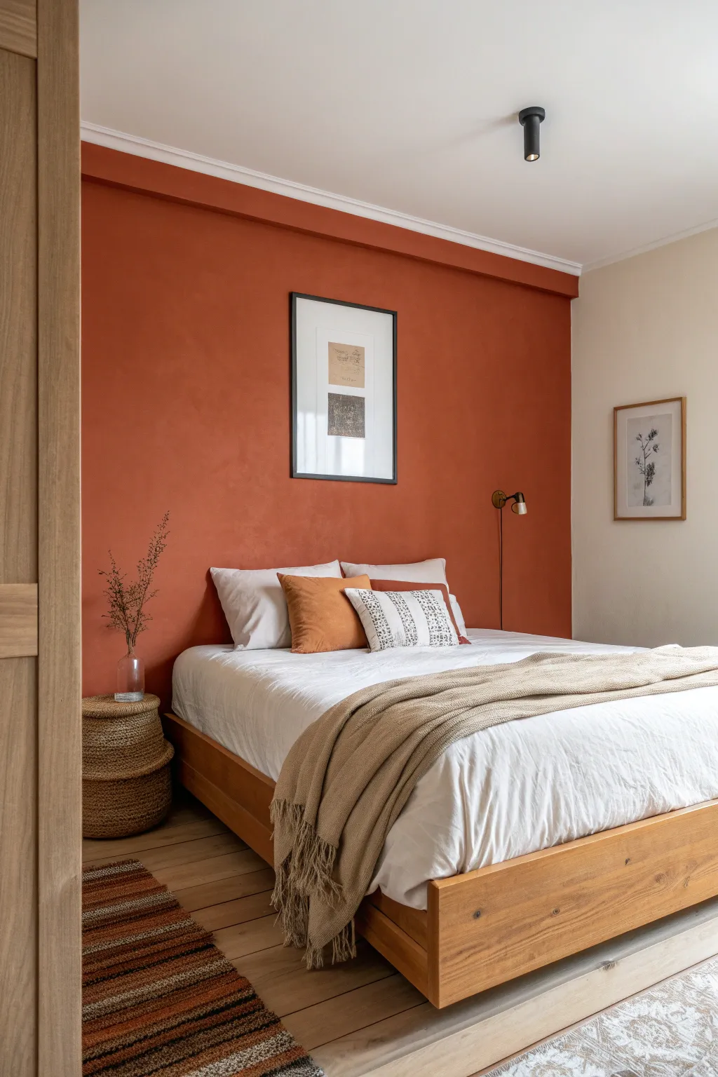 Bold terracotta accent wall behind the bed, softened with linen and a simple framed print.