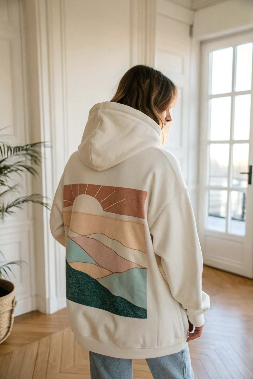 Minimalist hoodie back mural: layered sunrise landscape with visible brushstroke texture
