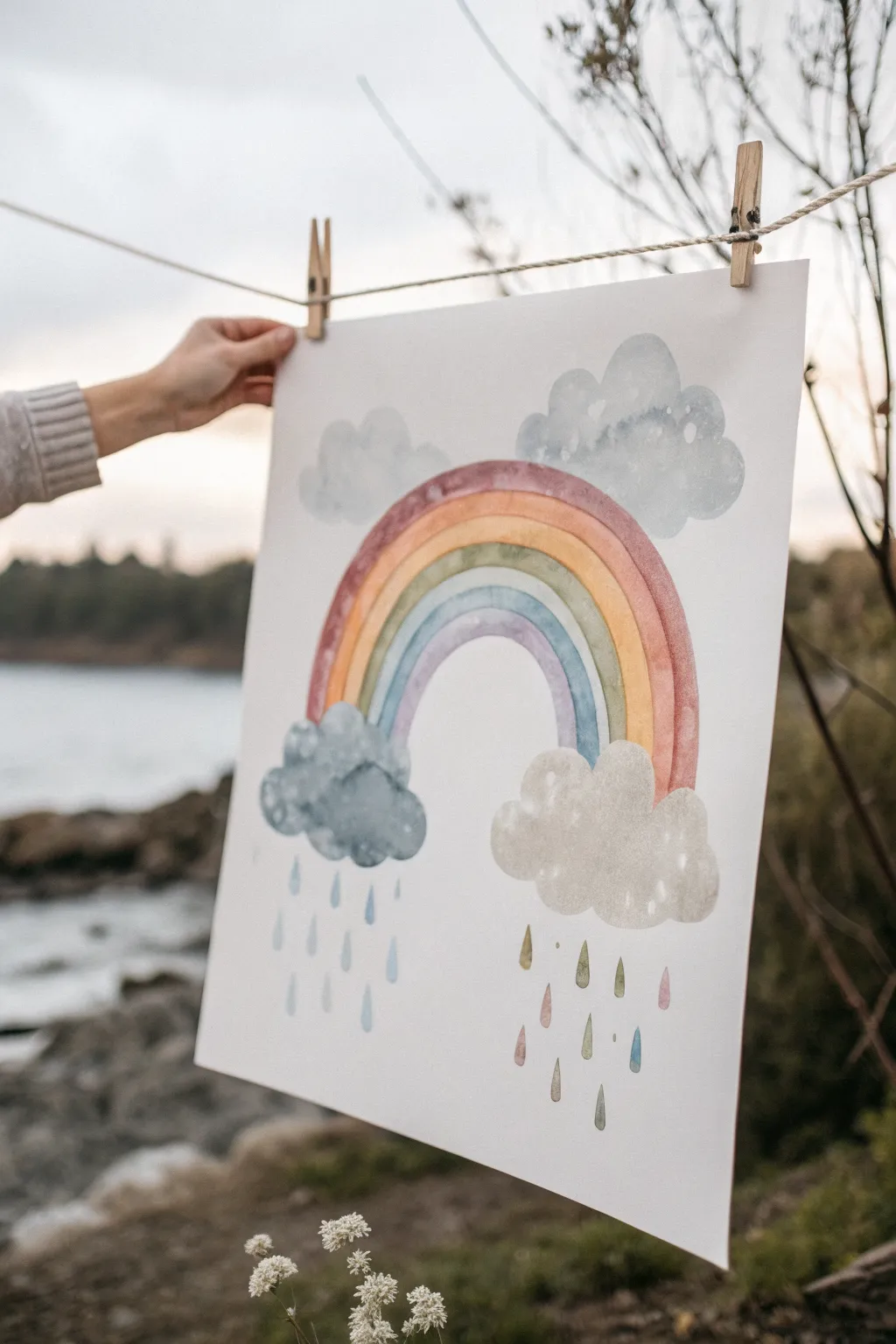 Soft watercolor rainbow emerging from stormy clouds, a minimalist hopeful wash to paint today.