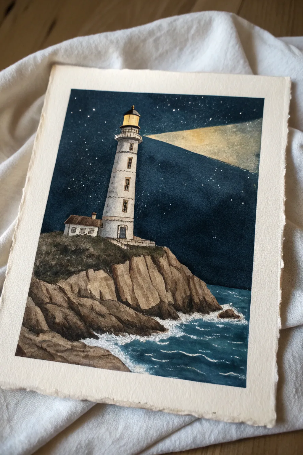 Hopeful lighthouse beam slicing the night, a minimalist watercolor idea to paint calm courage.