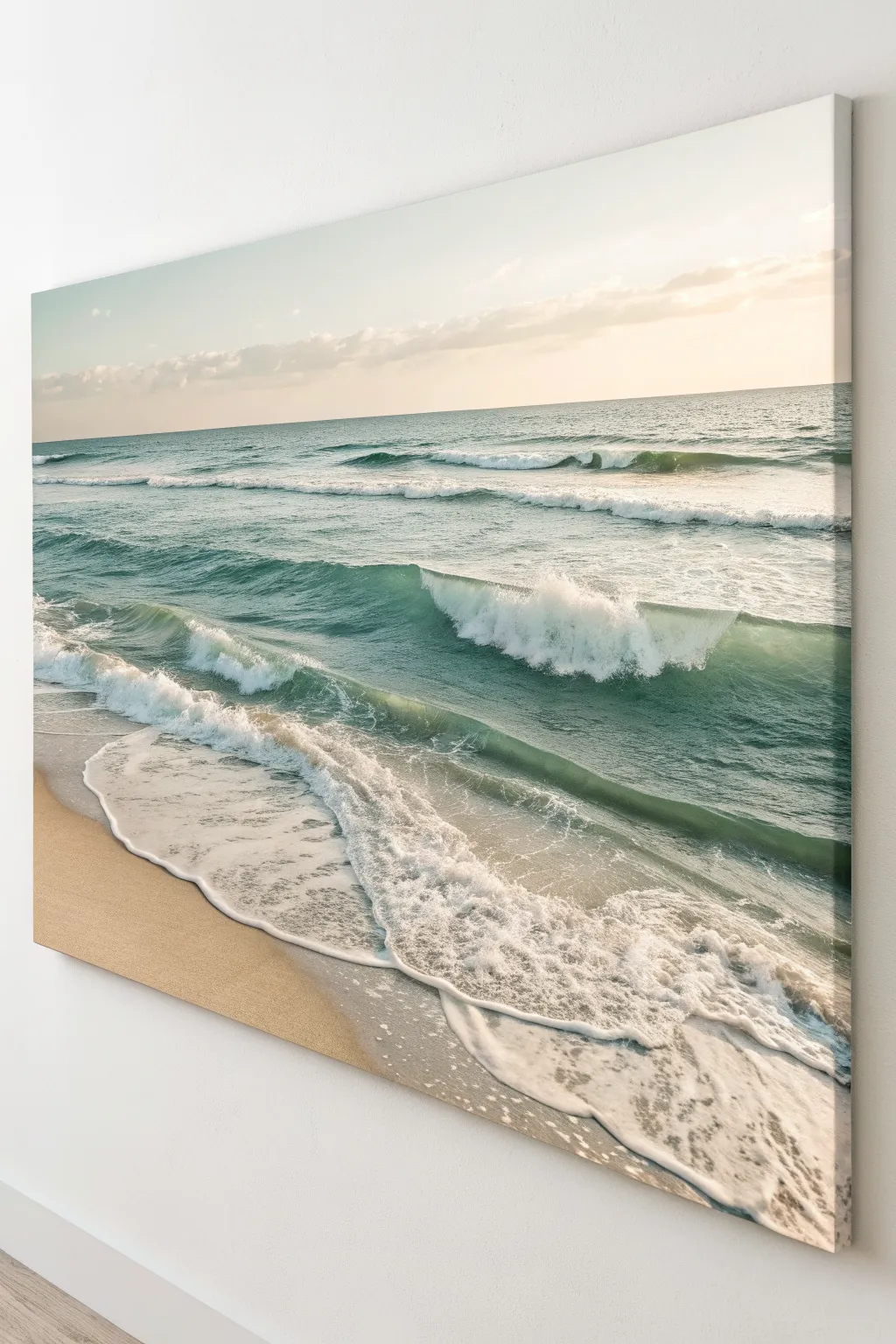 Minimalist horizontal ocean canvas with long rolling waves and soft foam highlights.