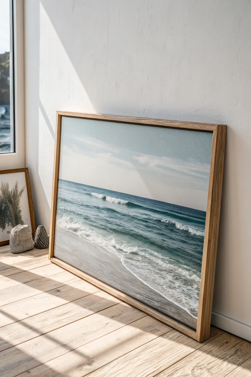 Calm ocean horizon on a wide minimalist canvas, soft waves and airy sky for serene decor.