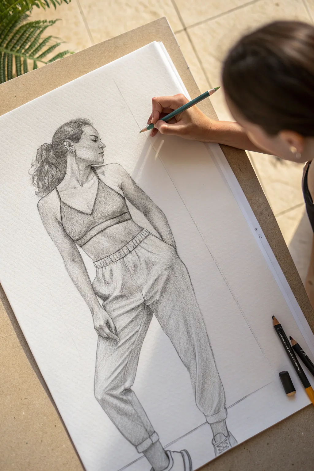 Minimalist graphite waistline study in a crop top and low-rise pants, clean contrast and calm boho.