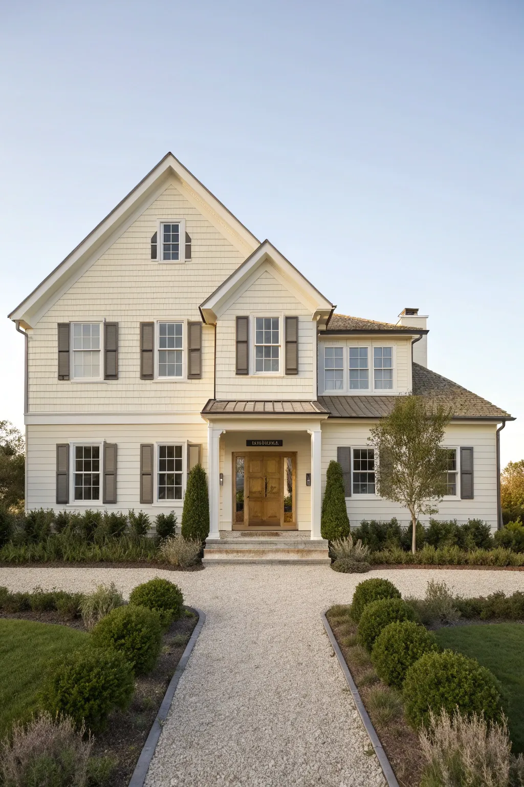 Warm white siding and soft greige trim create a calm, modern classic exterior with contrast.