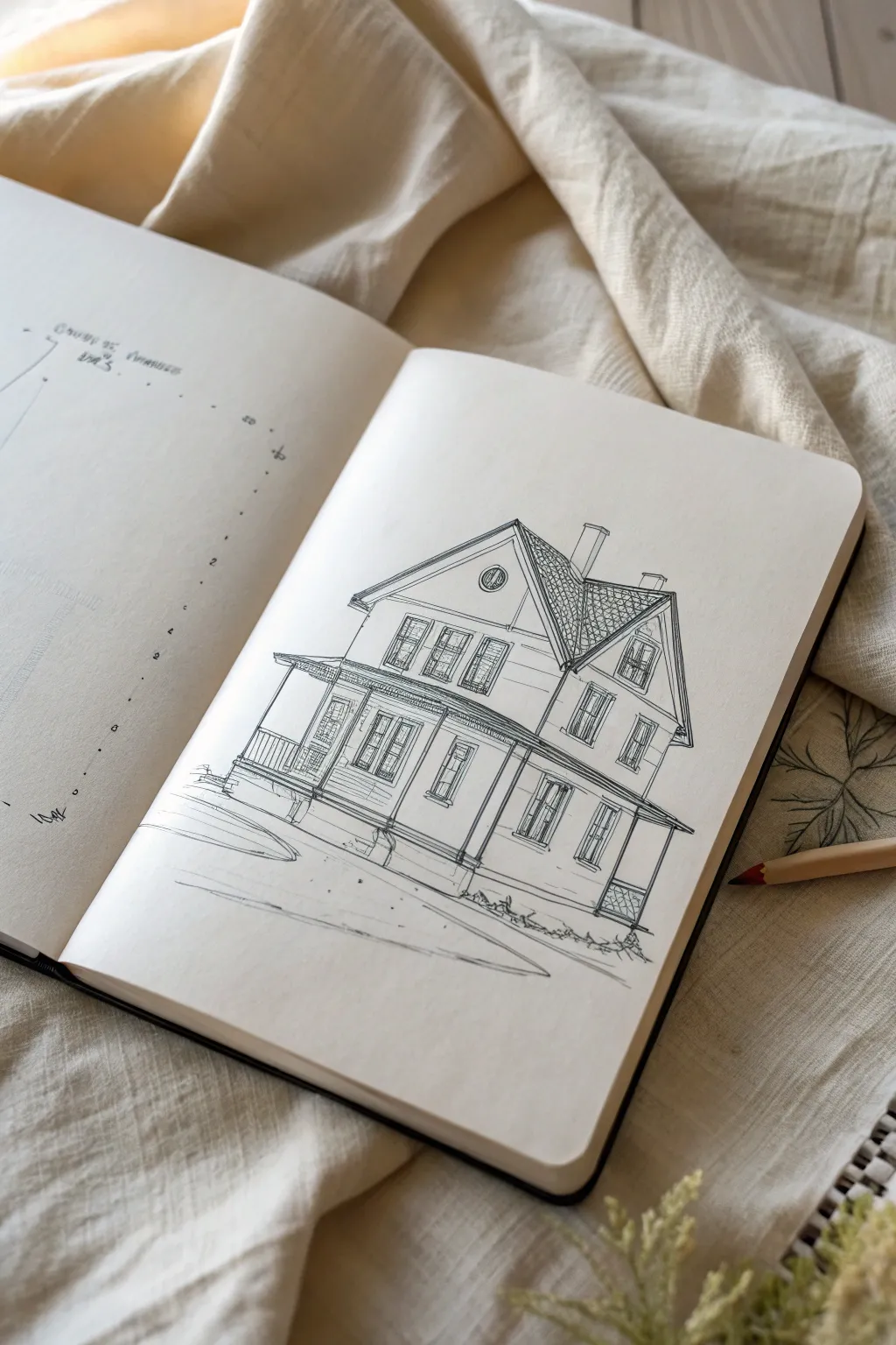 Two-point perspective corner house sketch with crisp outlines and faint guiding lines for clarity