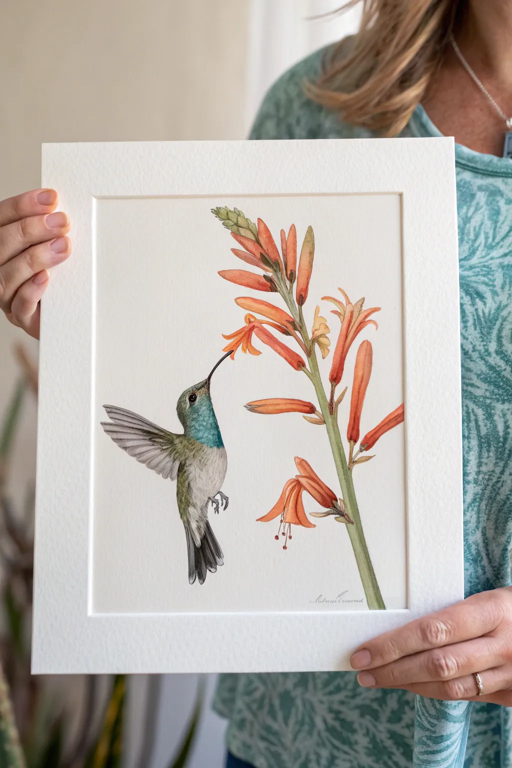 Classic side-profile hummingbird sip: simple flower, clean background, perfect beak-to-bloom focus.