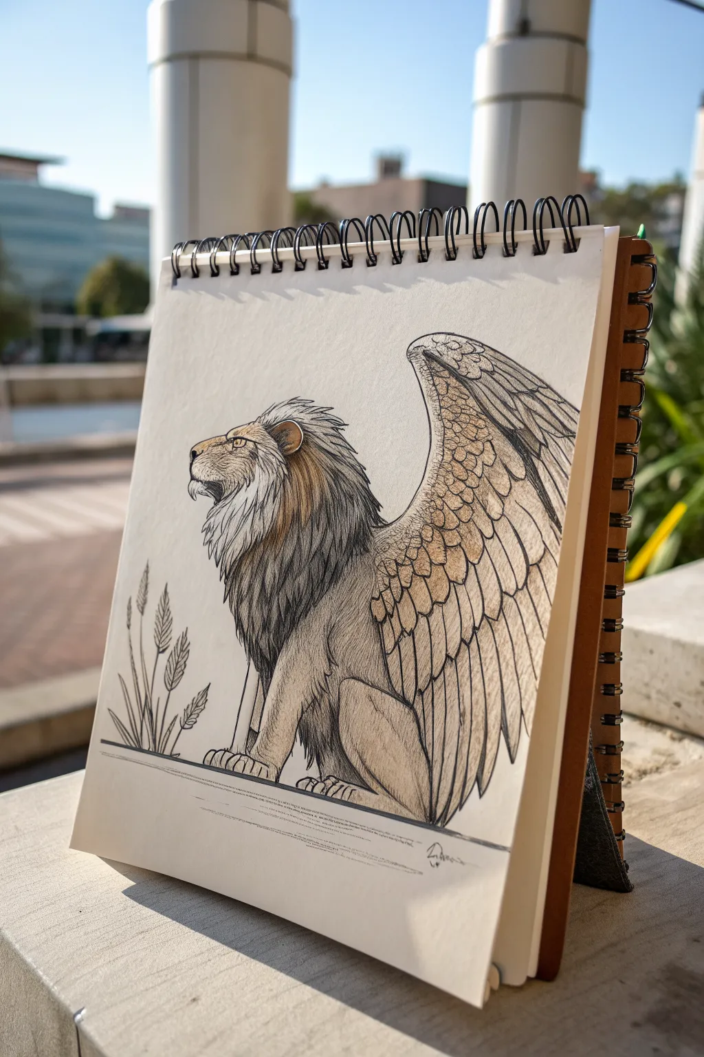 Create a Lion-Bird Guardian with bold ink lines and layered feathers in a calm minimalist palette