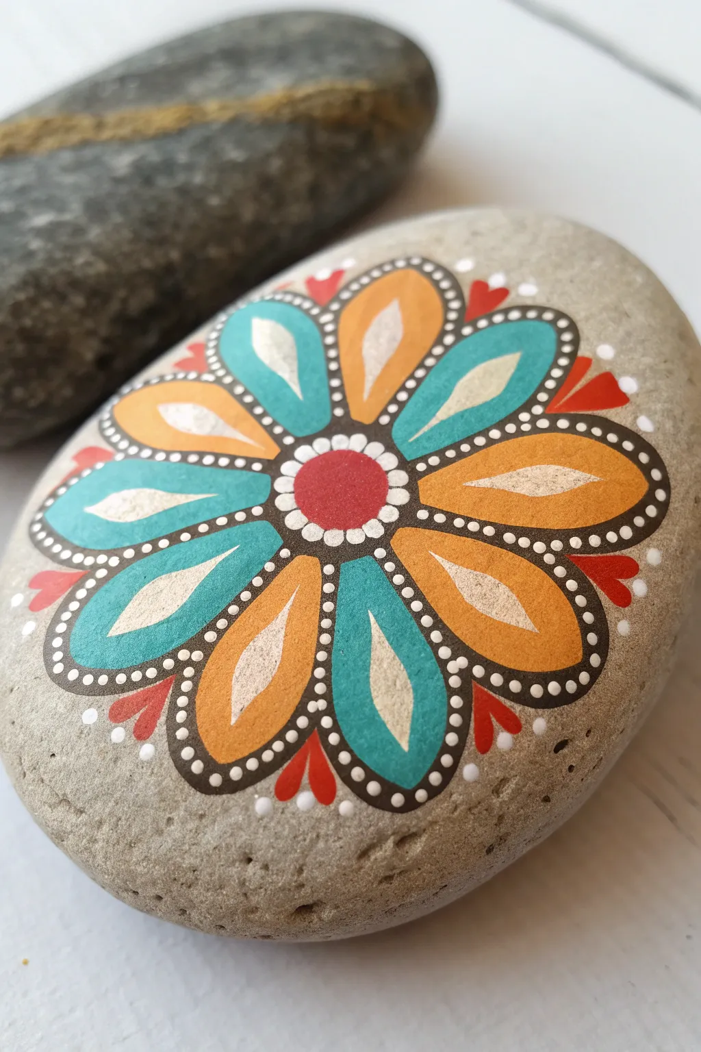 Simple center-out dot flower rock painting in bright boho hues on a clean minimal backdrop