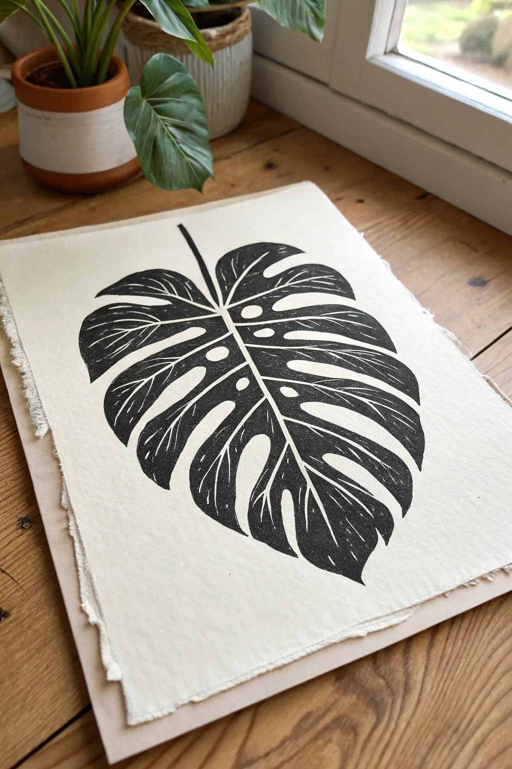 Bold houseplant leaf linocut with chunky veins, crisp silhouette, and calm Scandinavian contrast.