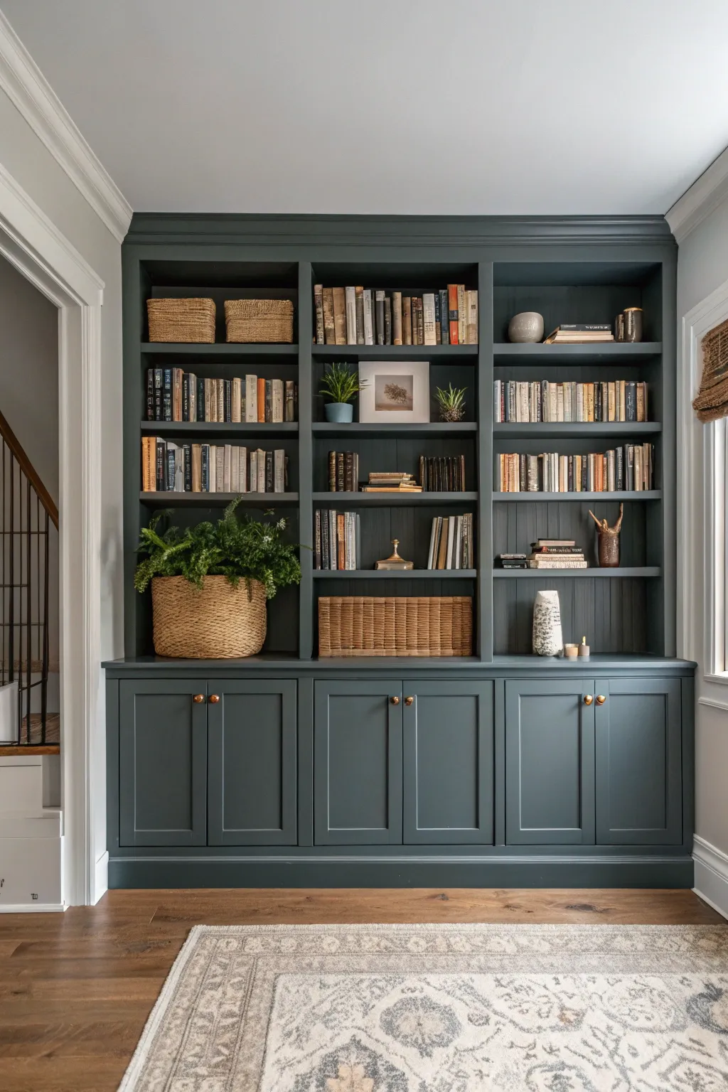 Monochrome built-ins in deep sage make the shelves feel like architecture, not furniture.