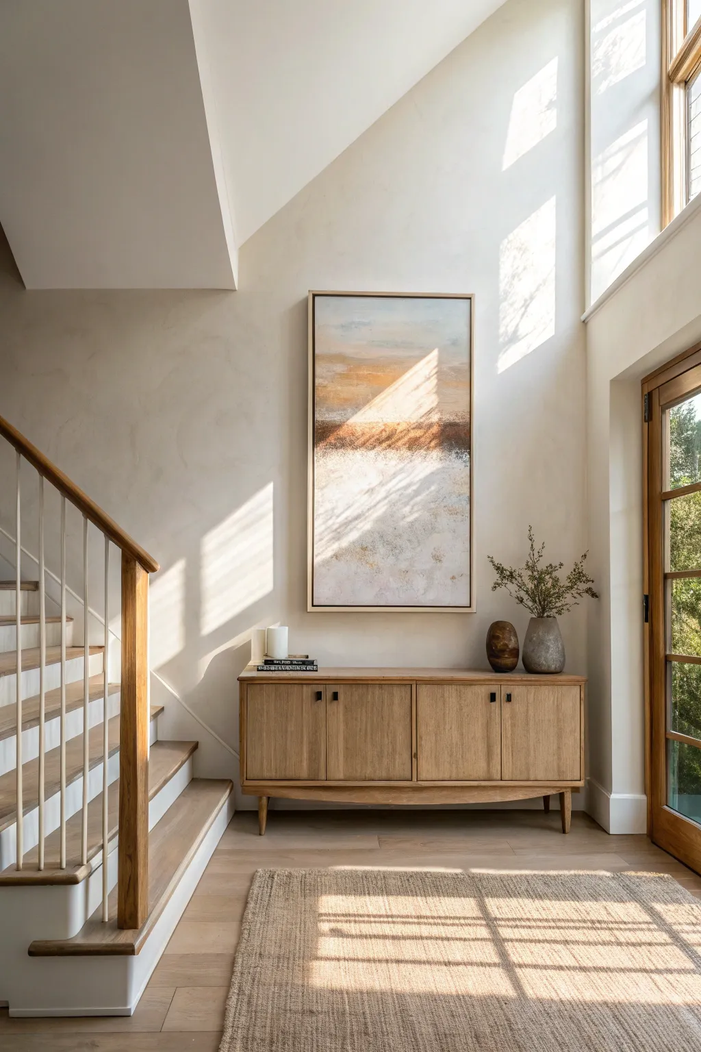 Oversized statement canvas turns a simple stair landing into a calm, gallery-like focal point.