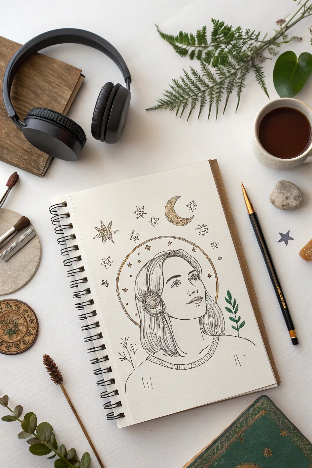Draw your identity with a calm self-portrait framed by meaningful everyday symbols.