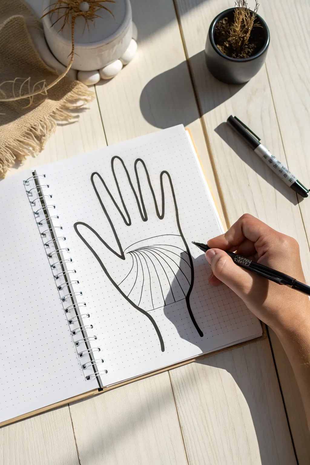 Draw a bold 3D hand illusion using curved lines inside and straight lines outside for instant pop.