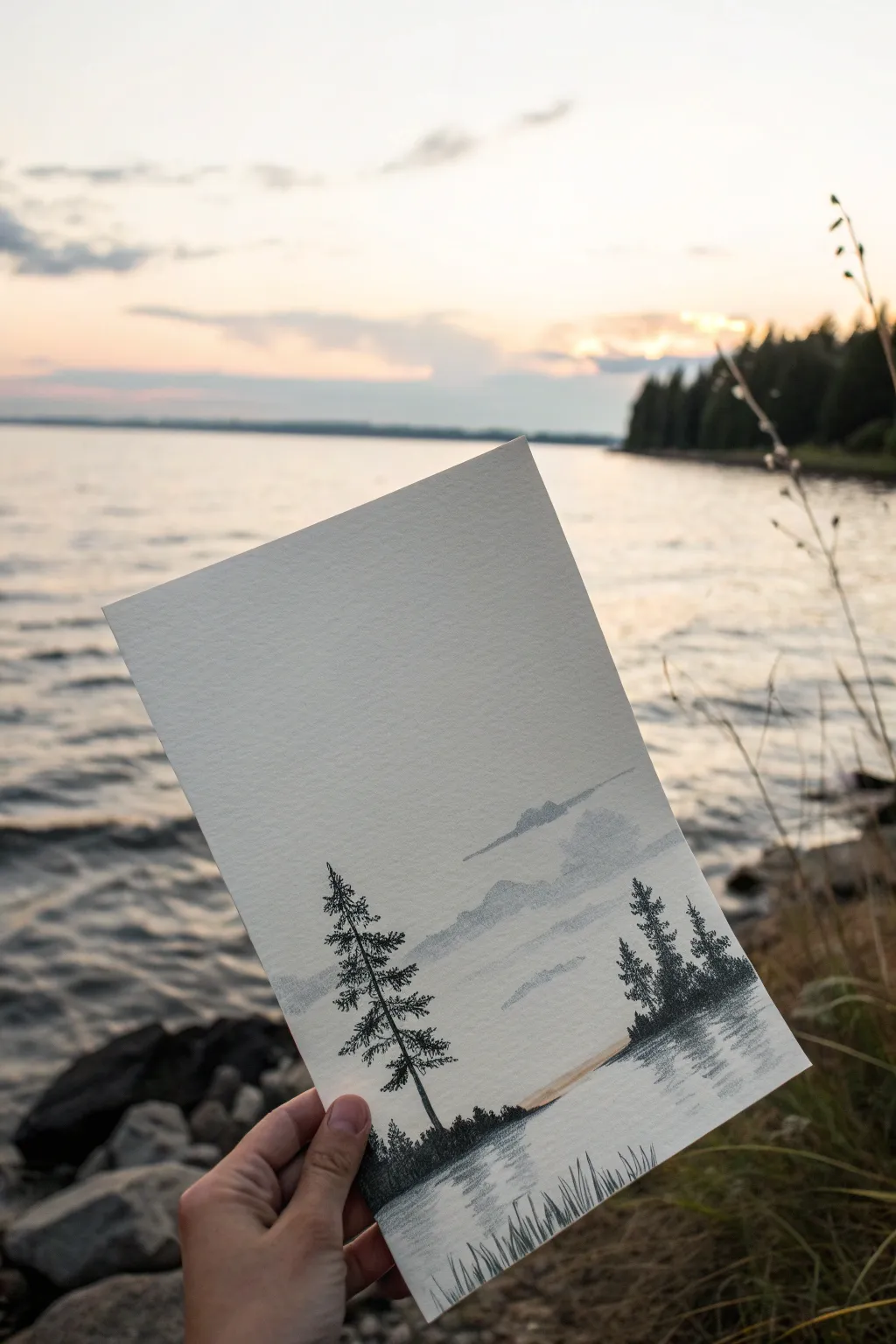 Minimal India ink mini landscape: soft wash sky, light horizon, and bold foreground shapes