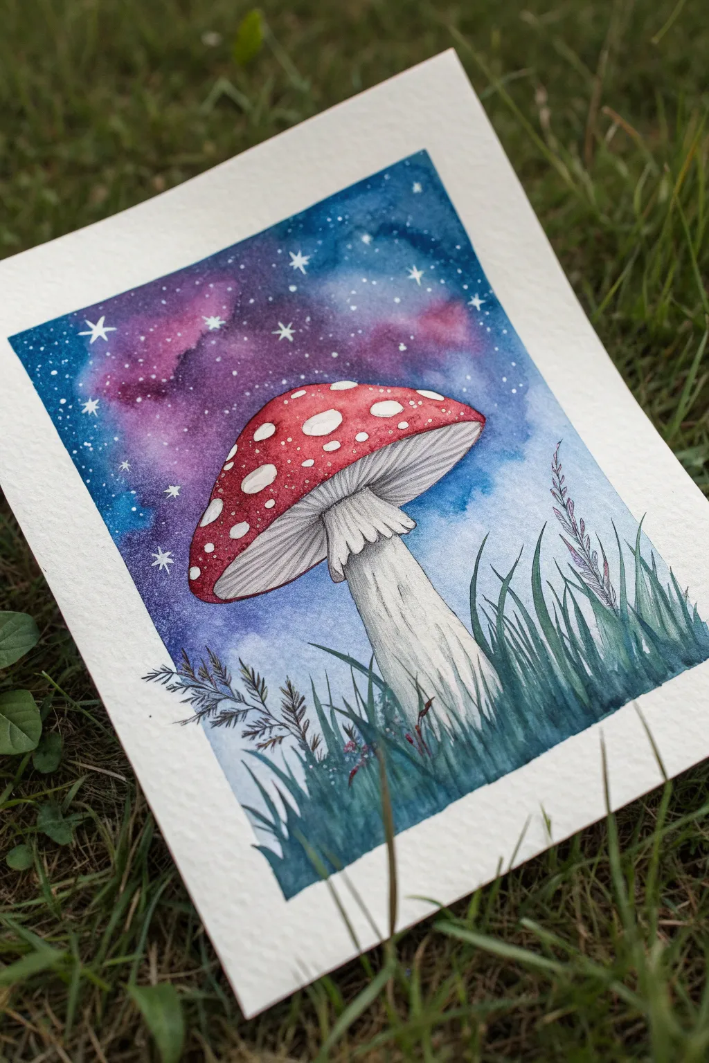 Paint a single trippy mushroom under a swirly night sky in bold purples, blues, and reds