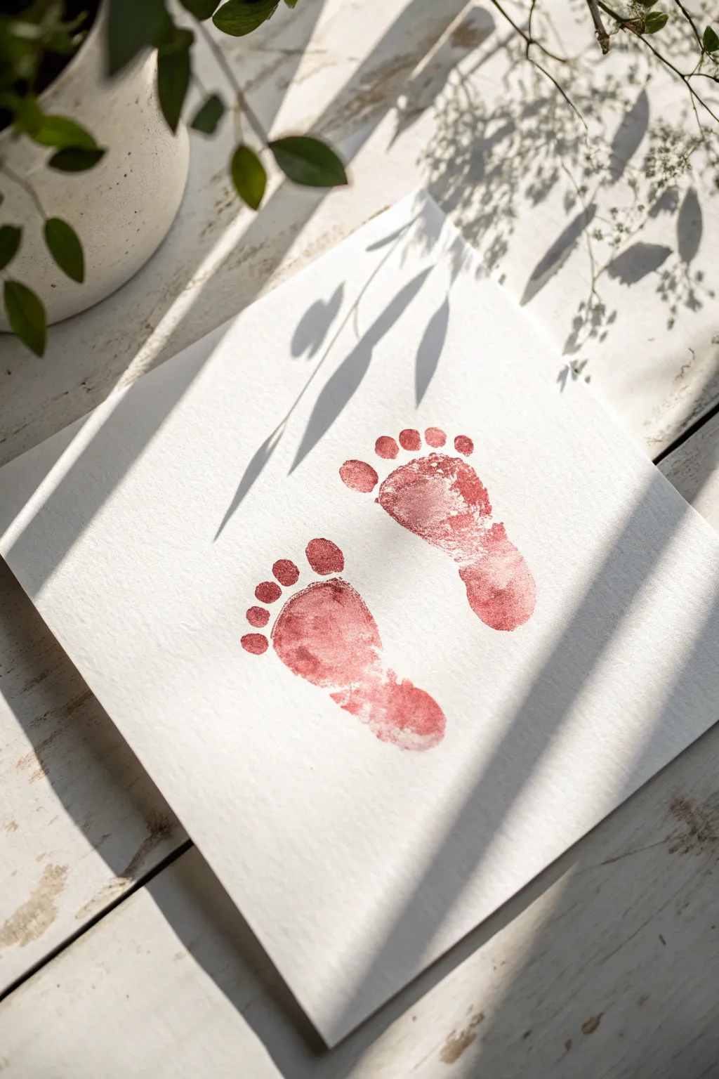 Two tiny baby footprints forming a heart in soft blush, minimal and handmade on bright white paper