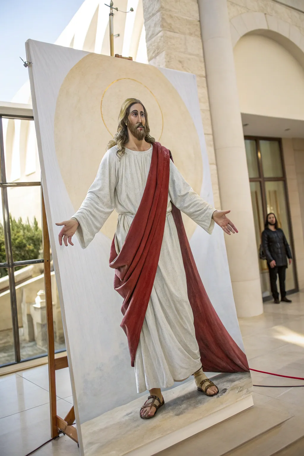 Classic Jesus in white robe with red sash, minimalist light background and graceful folds.
