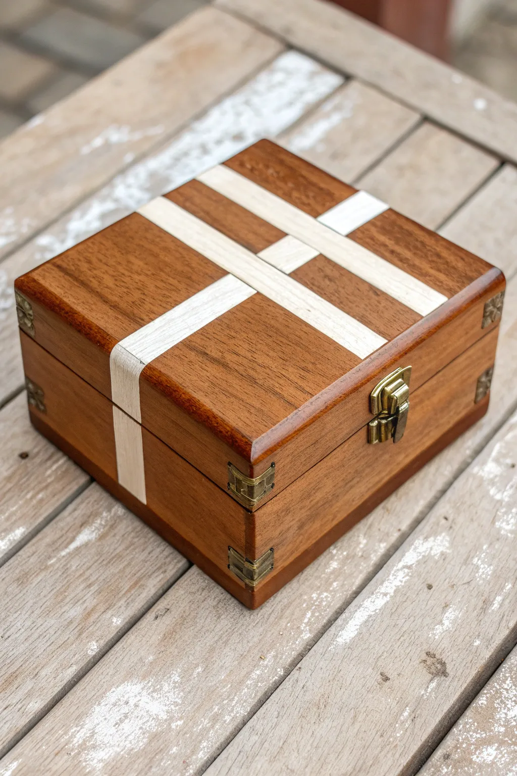 Crisp painters tape stripes for a tailored jewelry box lid, minimalist with warm boho tones.