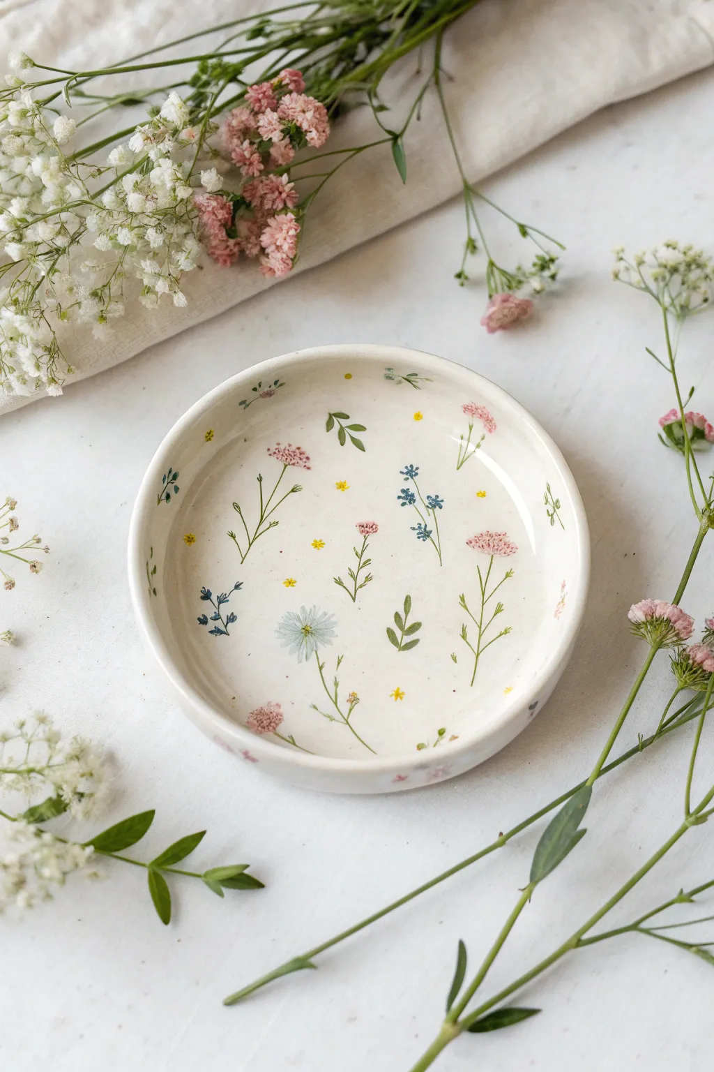 Tiny wildflower scatter ring dish with soft pastels, clean negative space, and hand-painted charm.