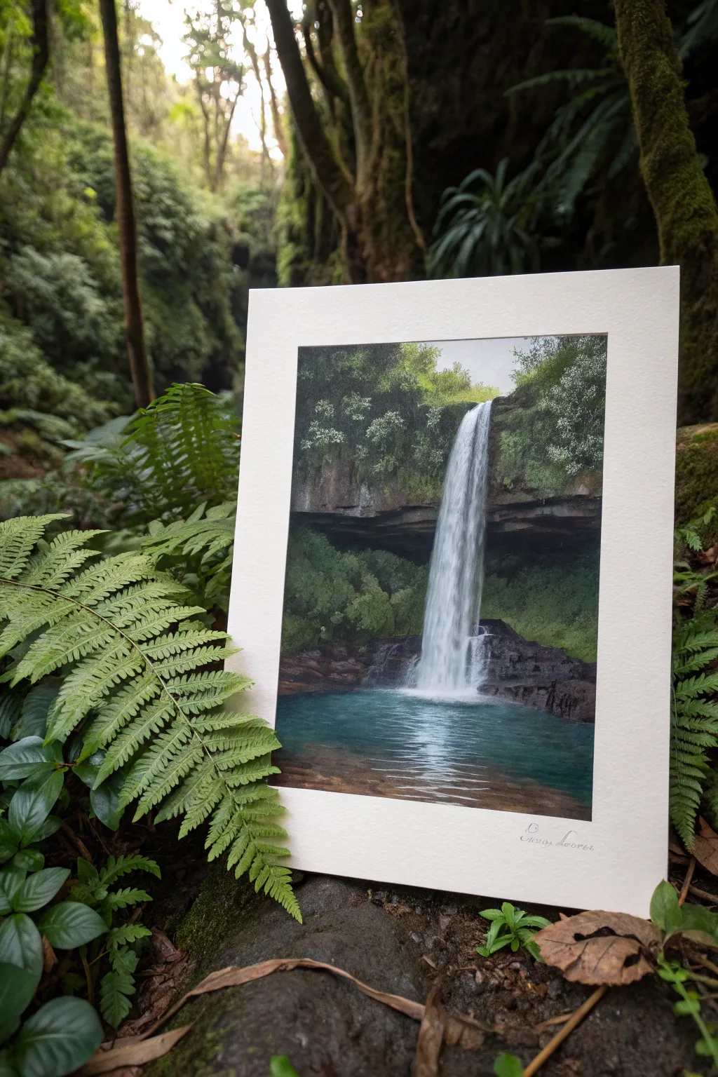 A hidden jungle waterfall scene to paint: calm pool, lush ferns, and soft misty light.