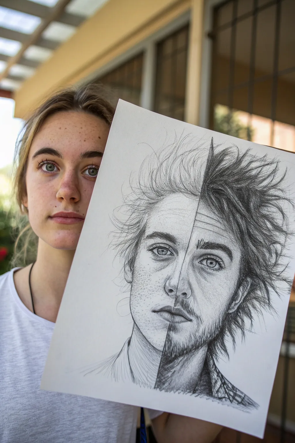 Easy split-face sketch: one side calm, one side chaotic, bold contrast on clean white paper