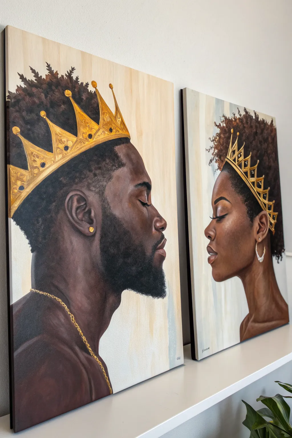 Minimal Afrocentric king and queen diptych in warm neutrals with handcrafted gold highlights