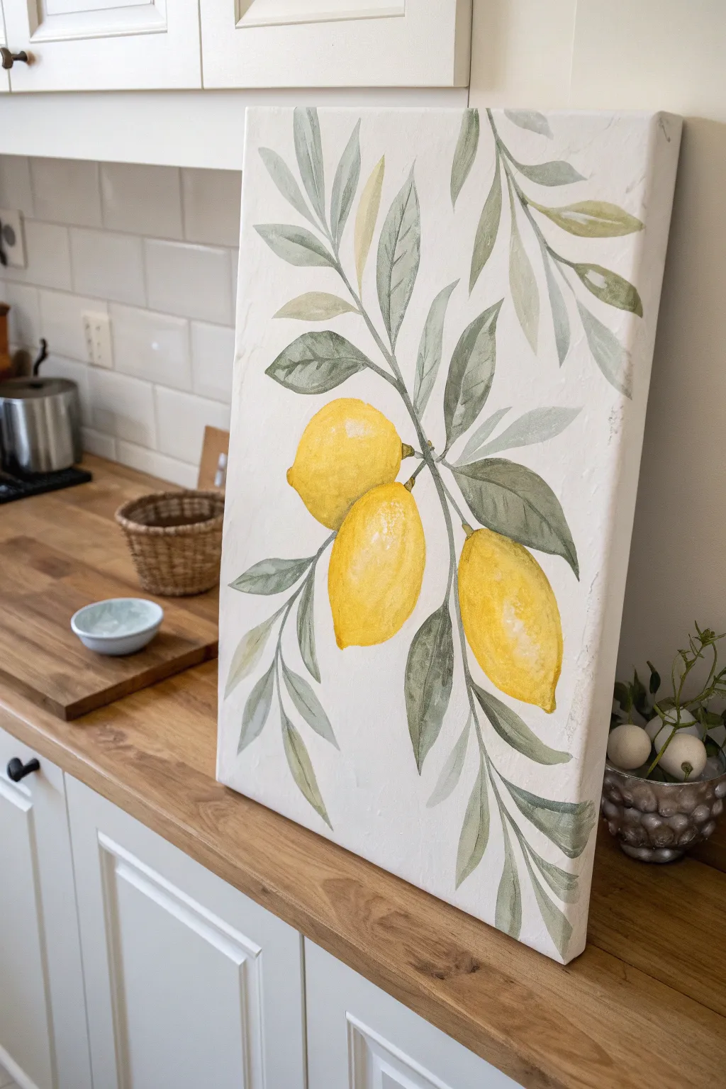 Bright lemons and soft olive greens on a clean canvas for fresh, minimalist Mediterranean kitchen art.