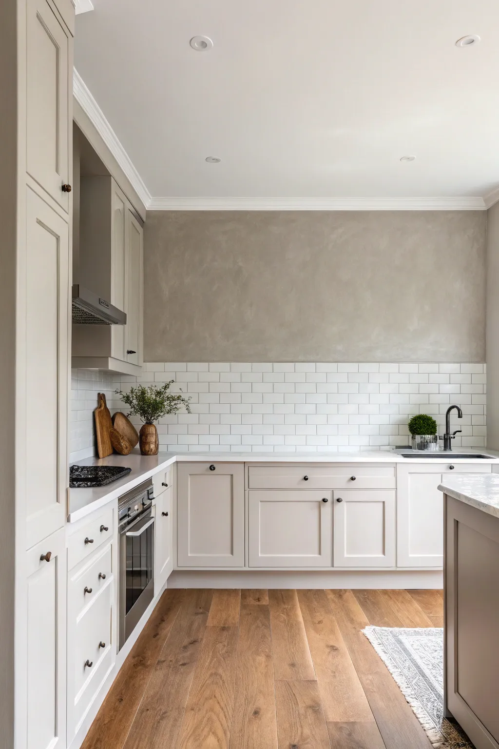 Soft greige walls make white cabinets and warm wood floors feel calm, cohesive, and timeless.