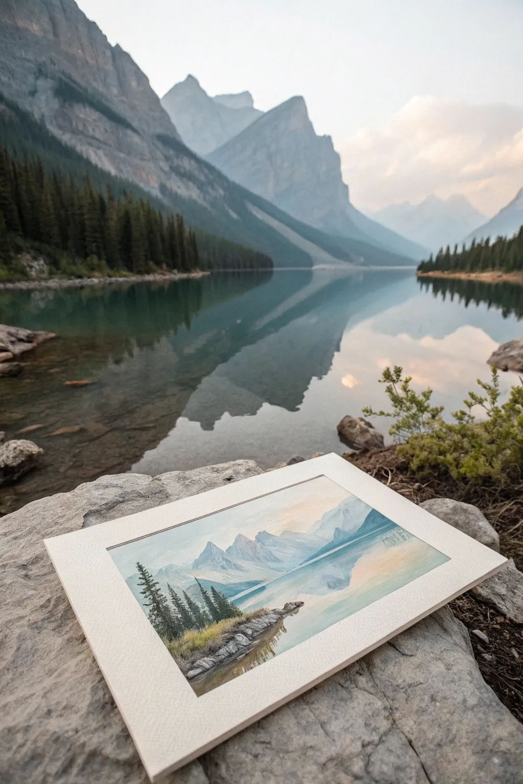 Minimal mountain lake reflection painting idea with soft haze and crisp mirrored silhouette