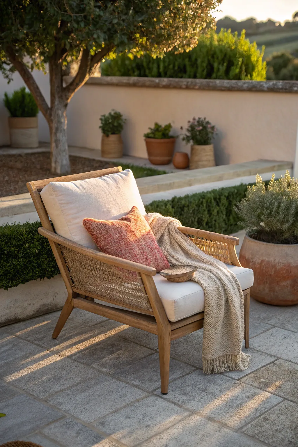Cozy patio chair in golden hour light, framed by greenery for serene backyard landscape inspo