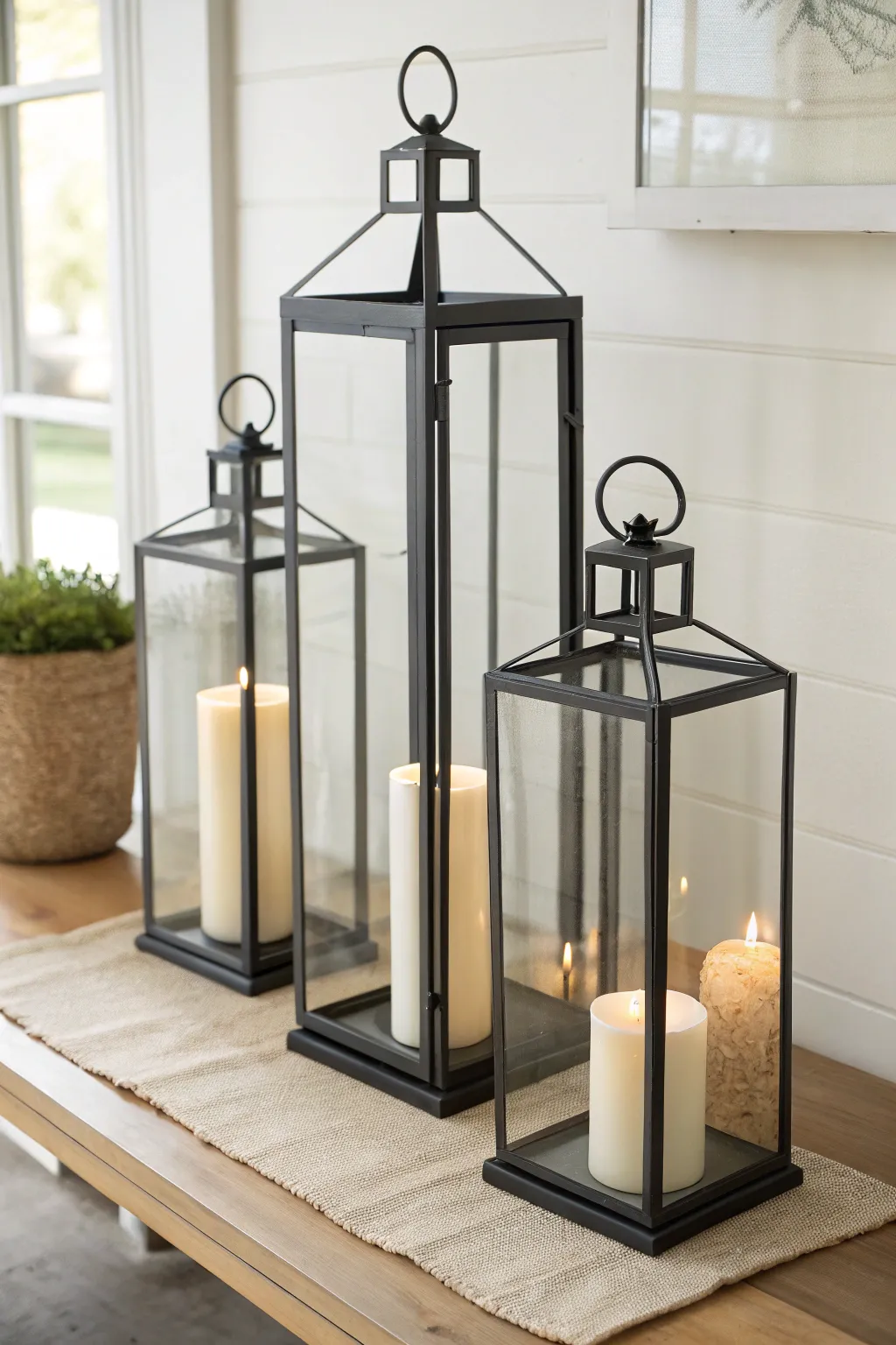 Trio of lanterns in mixed heights for a clean, cozy cluster with warm candlelight glow.