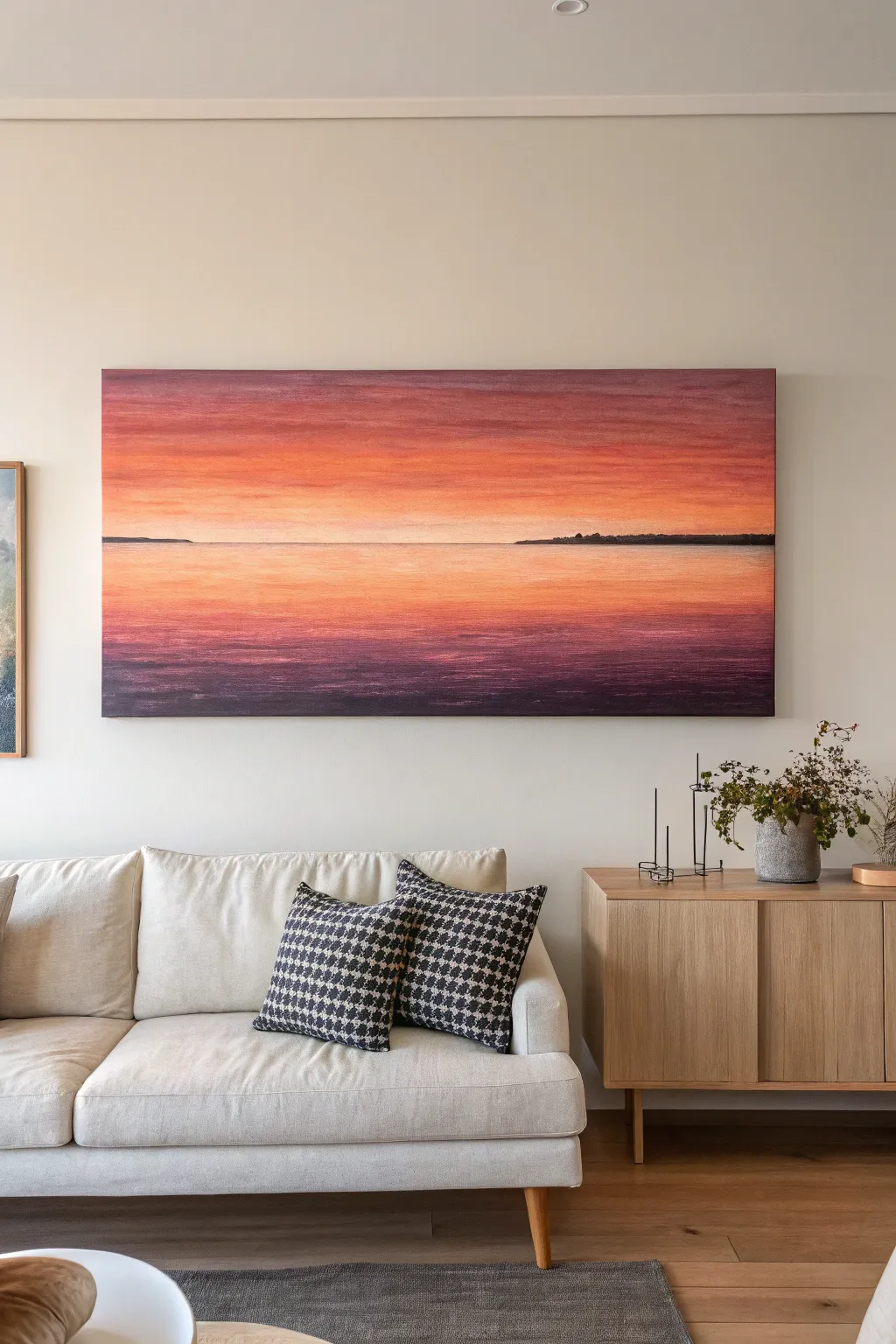 Large canvas sunset gradient over water in warm peach coral and violet, minimal boho glow