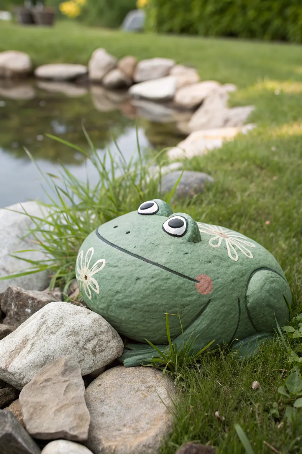 DIY Frog Rock garden sculpture idea: a big painted stone that looks like a calm frog by the pond