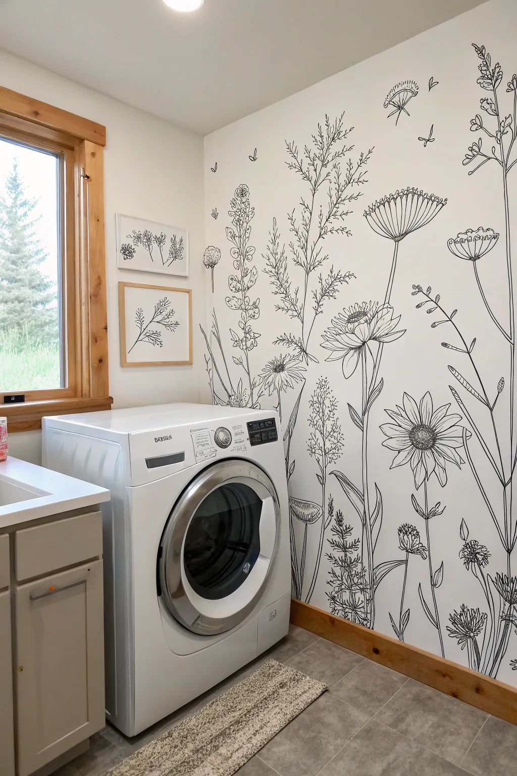 Oversized wildflower linework mural keeps a tiny laundry room airy, calm, and beautifully minimal.