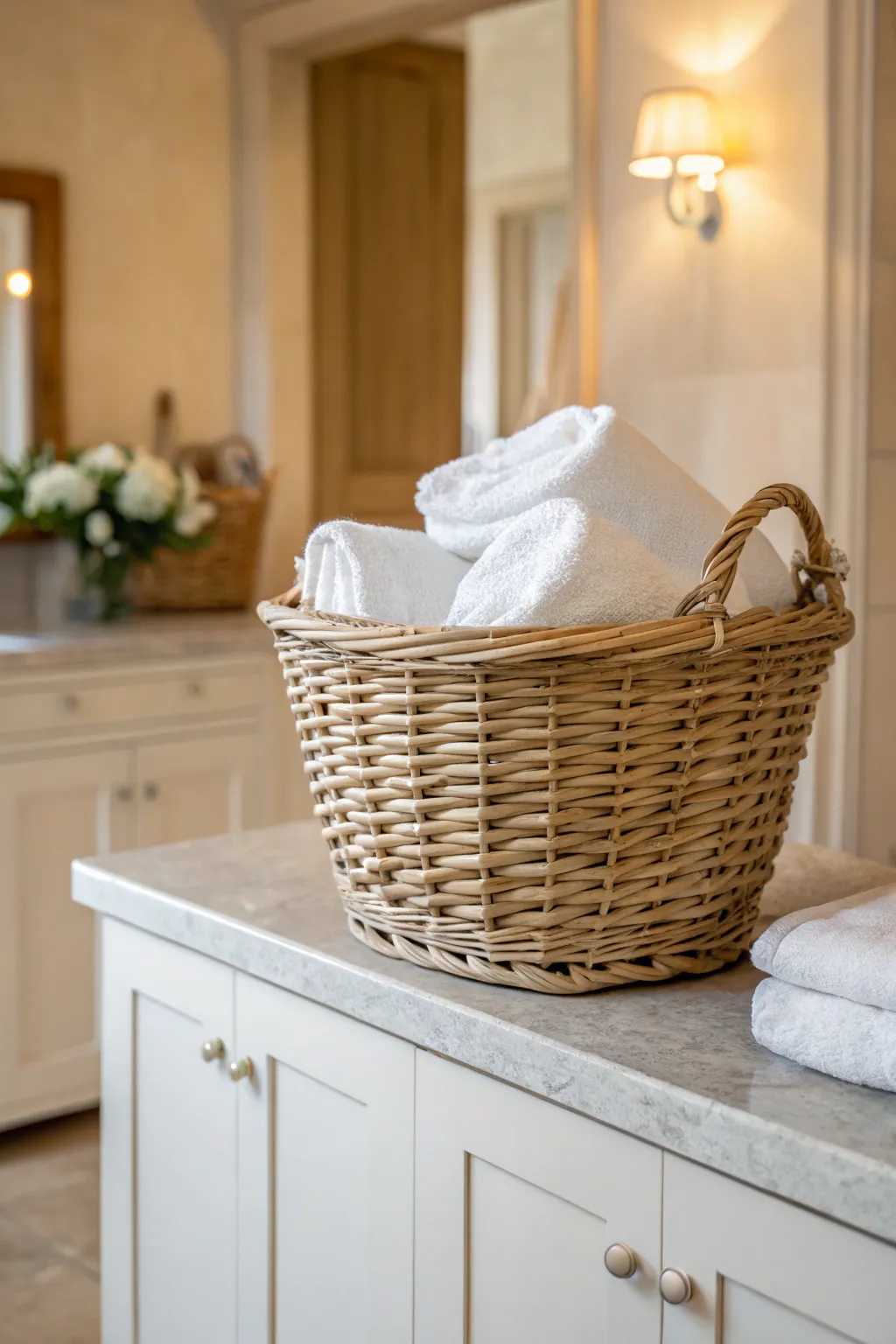 Warm greige walls + clean whites make this laundry room feel airy, cozy, and effortlessly neutral