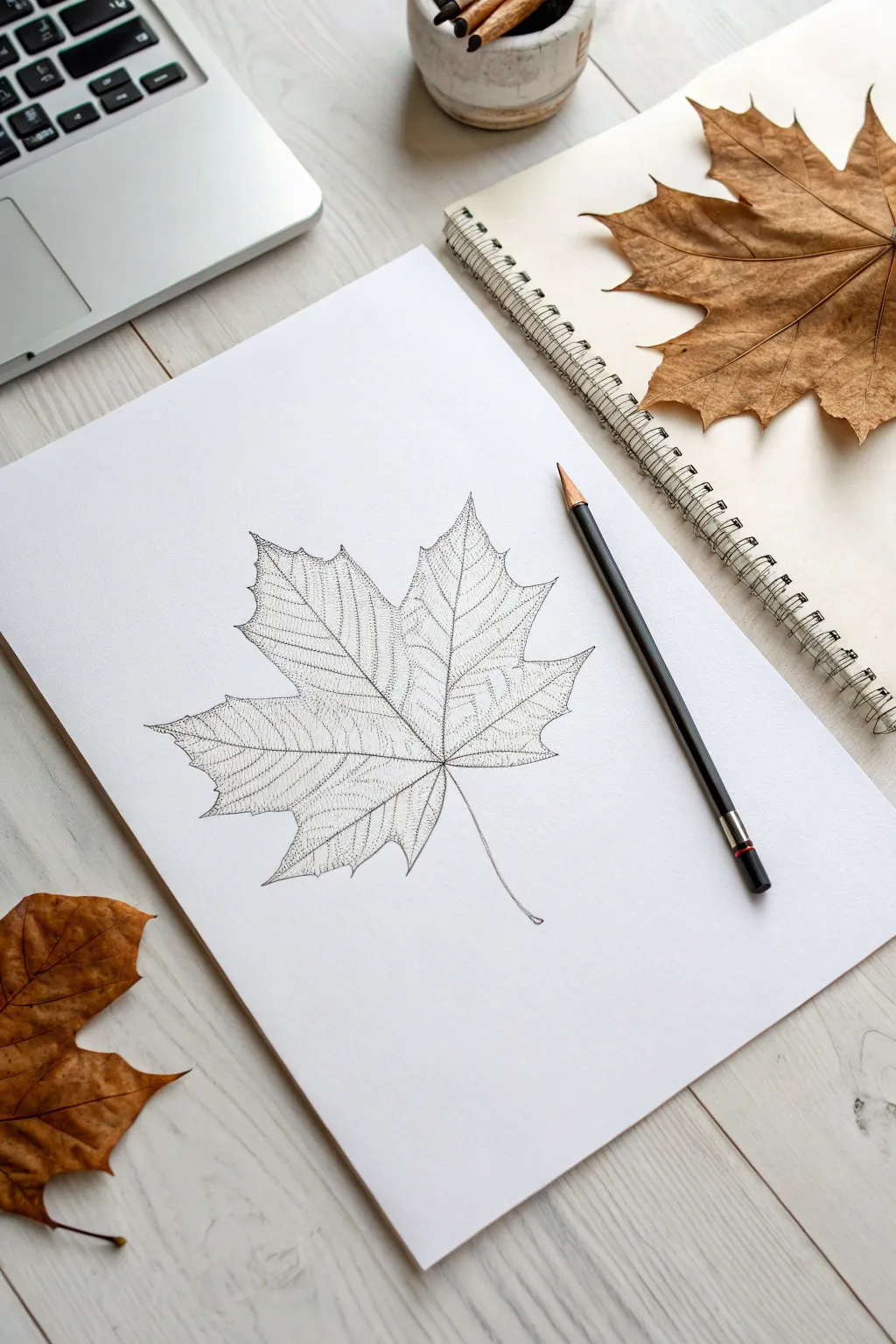 Classic maple leaf sketch with light underdrawing and bold outline beside a real leaf
