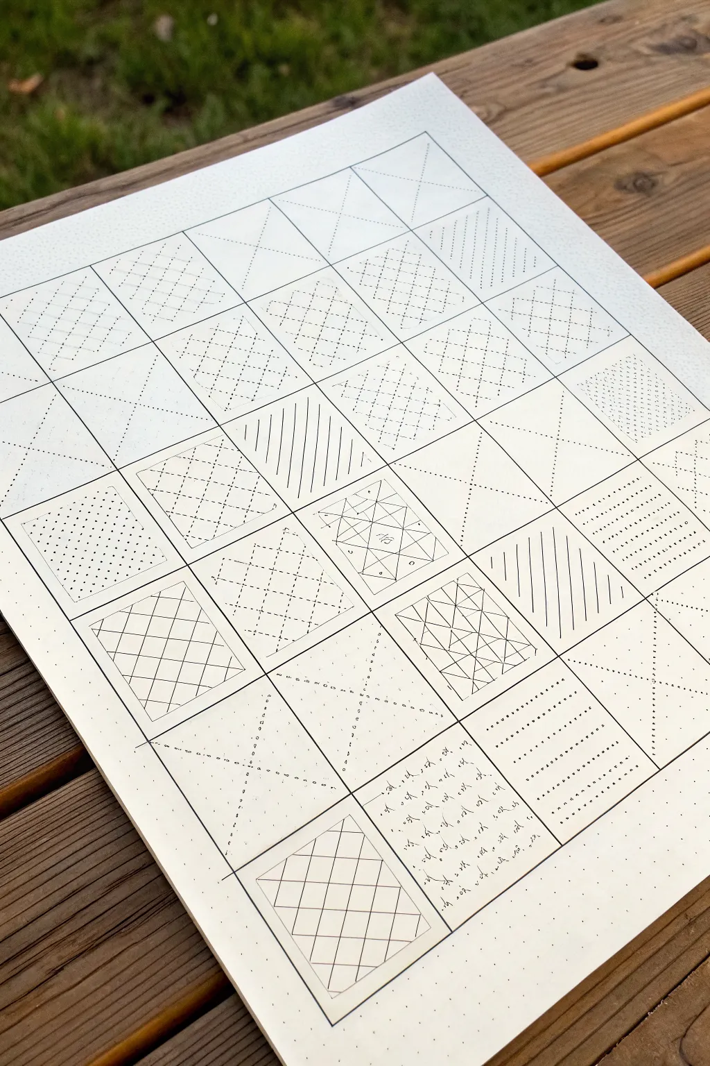 Minimal grid sampler of line patterns in crisp black ink for clean Scandinavian boho inspiration